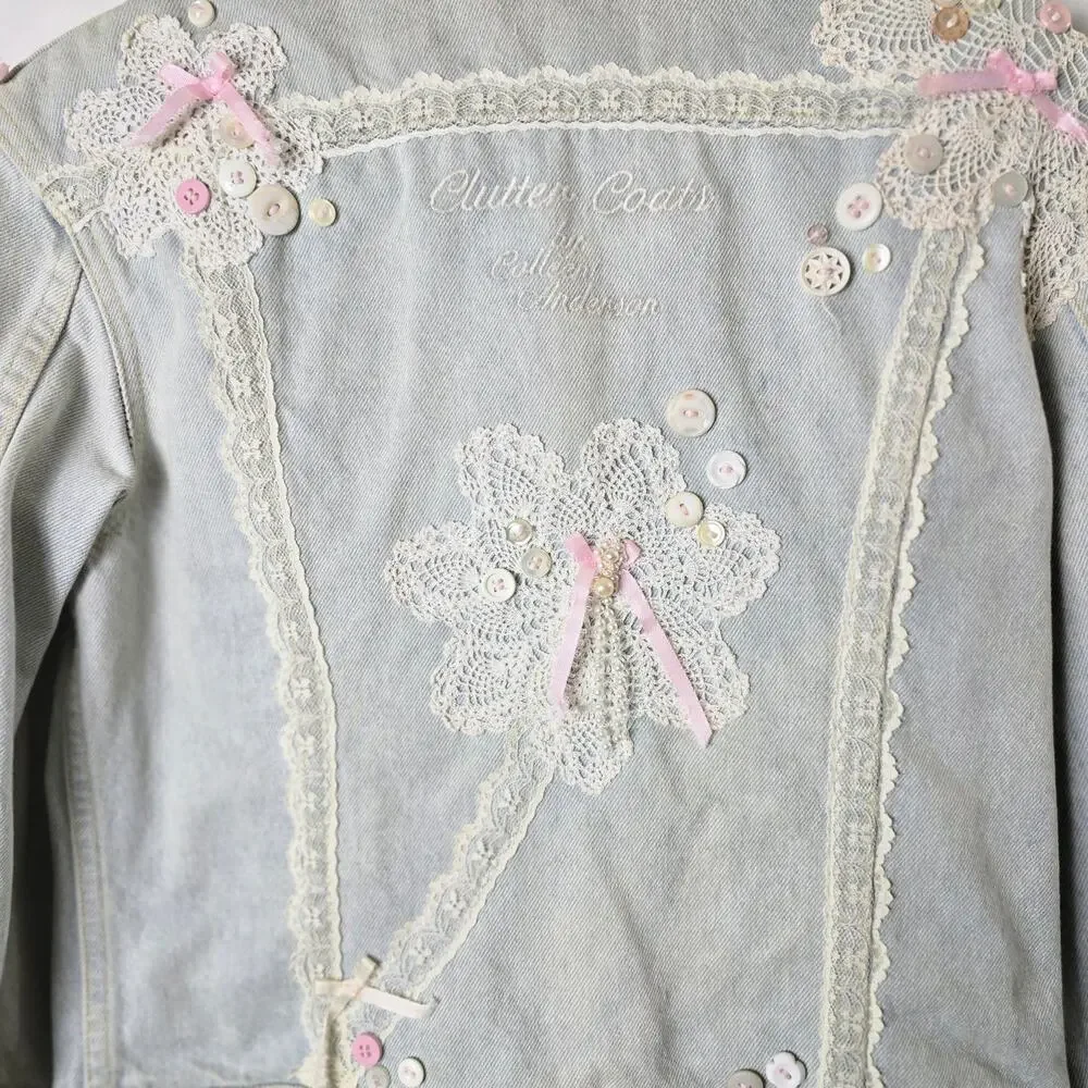 Coquette Fairycore Denim Jacket Size 14  Lace Pink Bows Embellished Button Up